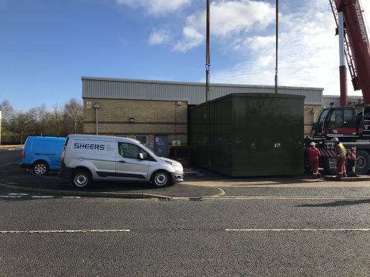 Caustic dosing kiosk being loaded at Sheers Darlington premises prior to shipment to a new water treatment works in Northumberland.